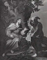 Christus verzocht, Lucas, Hoofdstuk 4, verzen 3-13 (gravure)