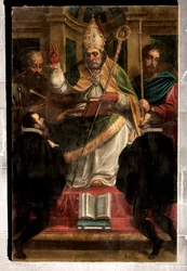 Genua, Duomo (Sint-Laurenskathedraal): "St. Gotthard tussen St. Paulus en St. Jacobus en twee knielende gelovigen" (1571), door Luca Cambiaso (met overschilderingen door Carlo Giuseppe Ratti)