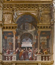 Genua, Duomo (Sint-Laurenskathedraal), binnen, de Lercari-kapel of de kapel van het Heilig Sacrament (noordelijke apsis), zuidzijde: "De verloving van de Maagd", fresco door Luca Cambiaso
