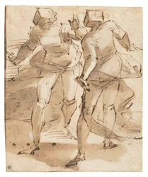 Twee geanimeerde gesticulerende figuren (pen  inkt, krijt  gewassen op papier)