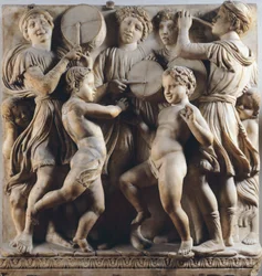 Kinderen en cherubijnen dansen, zingen en spelen, detail door Cantoria (koorgalerij)