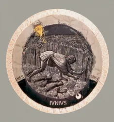 Juni: een boer die het graan oogst. Terracotta door Luca della Robbia