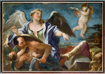 De geschiedenis schrijft de analen op de rug van de Tijd (schilderij op doek)