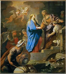 De visitatie. De heilige Maria bezoekt Elisabeth, de vrouw van Zachary en de moeder van Johannes de Doper (schilderij op doek)