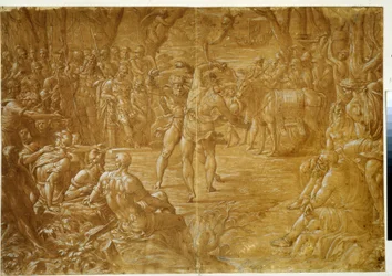 "Het boksgevecht (pugilat) tegenstander van Sicilië aan Dares de Troy", ca.1544 (pentekening)