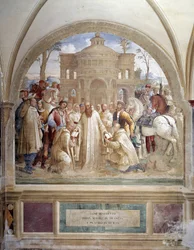 Benedictus stuurt Maurus naar Frankrijk en Placidus naar Sicilië (fresco van de kloostergang gemaakt door Luca Signorelli die het leven van Sint Benedictus van Nursia (480 - 567) stichter van de Orde van Benedictijnen vertelt 1497-