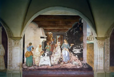 Benedictus vertelt twee monniken wanneer en waar ze buiten het klooster hebben gegeten, scène uit het leven van Sint Benedictus