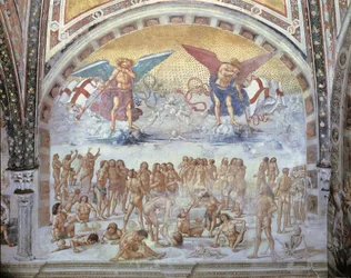 Close-up van een fresco in een kathedraal, Opstanding van het Vlees, Luca Signorelli, Orvieto, Umbrië, Italië