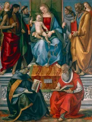 Madonna en kind met Johannes de Doper, Franciscus van Assisi, Antonius van Padua, Joseph Bonaventure en Hiëronymus