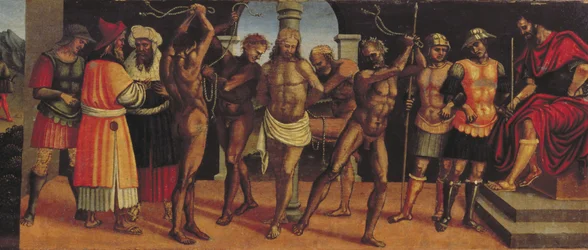De Geseling, detail van de predella van het altaarstuk van de Drie-eenheid met Madonna en Kind en SS. Augustinus en Anastasius