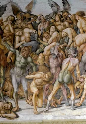 Het einde van de wereld - Detail met de verdoemden. Fresco van Luca Signorelli (1445-1523), 1499-1504, Orvieto, Duomo, Cappella di San Brizio