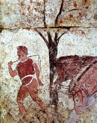 Een boer die twee paarden trekt. Lucanisch fresco uit de 4e eeuw v.Chr., uit de necropolis van Paestum, Italië. Museo nazionale archeologico, Paestum