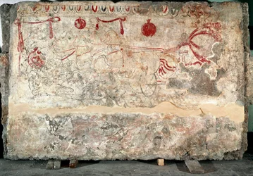 Lucanisch fresco van een quadriga uit de 4e eeuw v.Chr., afkomstig uit de necropolis van Paestum, Italië. Museo Nazionale Archeologico, Paestum