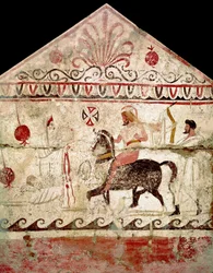 De terugkeer van de zegevierende krijger Lucaanse fresco uit de 4e eeuw v.Chr., afkomstig uit het graf 86, necropolis van Andriuolo in Paestum, Italië. Museo nazionale archeologico, Paestum