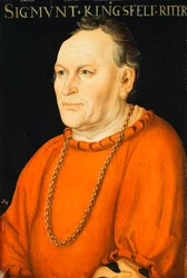 Portret van Sigmunt Kingsfelt, halflang, in een rood kostuum
