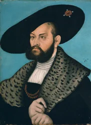 Duits: Albrecht von Hohenzollern, markgraaf van Brandenburg-Ansbach, hertog van Pruisen, 1528 Portret van markgraaf Albrecht van Brandenburg-Ansbach, hertog van Pruisen
