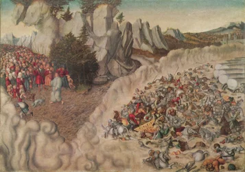 Duits: Zug der Israeliten durch das Rote Meer (Untergang des Pharao) De troepen van de farao verzwolgen in de Rode Zee