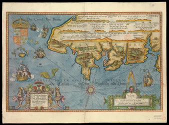 Kaart van de kust van Engeland met de zee versierd met schepen en monster