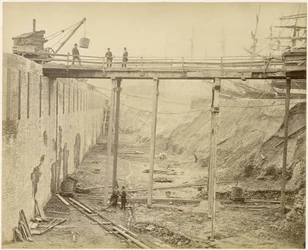 Bouw van het uitgebreide Limehouse Basin, Londen, mei 1869