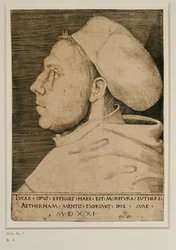 Maarten Luther met dokterspet. Gravure ... (gravure)