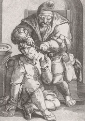 17e-eeuwse barbier-chirurg die het oor van een patiënt behandelt