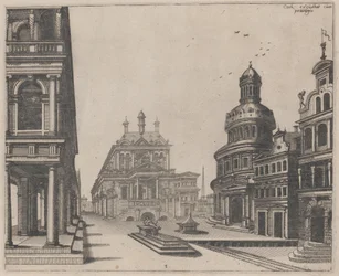 Hoek van een paleis met zuilengang en rond gebouw