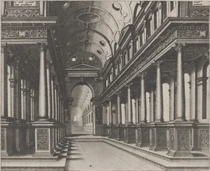 Interieur van een Kerk met een Standbeeld in de Verte