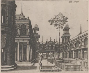 Plein met een Circulair Gebouw aan de Linkerkant en een Obelisk op de Achtergrond