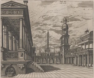 Stadsplein met een zuilengang links