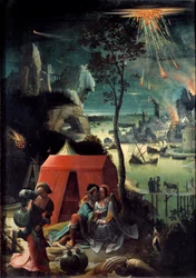 Lot en zijn dochters. Lot omringt zijn twee dochters, toevlucht in de bergen om aan de verwoesting van Sodom te ontsnappen. Naakte meisjes voeren hun vader dronken. Schilderij van Lucas van Leyden, genoemd Lucas de Leiden (Leide) (Lucas Hugensz of Lucas