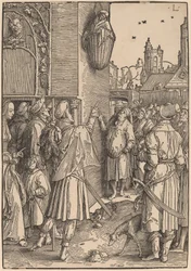 De dichter Vergilius opgehangen in een mand