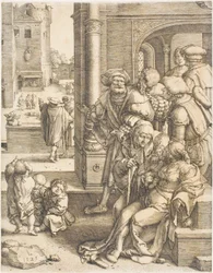 De dichter Vergilius opgehangen in een mand