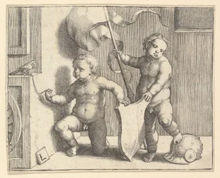 Twee Naakte Kinderen die een Leeg Schild Ondersteunen, ca. 1510