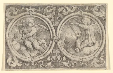 Twee putti zittend in wolken in cirkels met ranken, 1517