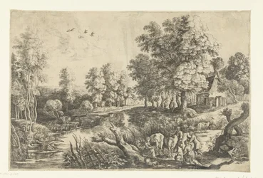Boeren met vee bij een beek