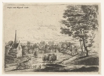 Gezicht op een dorp met een huifkar