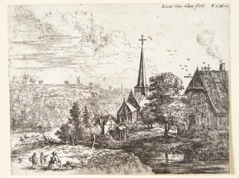 Dorp bij een rivier, op de voorgrond drie figuren