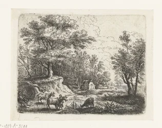 Landschap met drie koeien en een vrouw