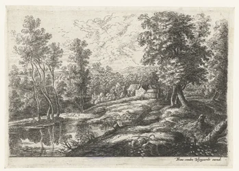 Landschap met huizen en een kerk omringd door een muur