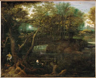 Visser bij de vijver in het bos (schilderij op eikenhout)