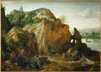 Landschap aan de Maas met ijzerertsmijn en smeltoven, misschien kasteel Beaufort