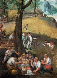 Zomerlandschap: Oogsters rusten en eten