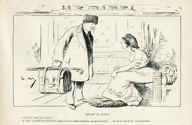 Illustratie in Le Rire, 24/08/12 - Terugkeer uit Rusland - Antiklerikalisme, Rusland, President van de Republiek, Hoeden, Officieel bezoek - Marianne, Poincare Raymond (gravure)