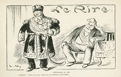 Illustratie in Le Rire, 27/07/12 - Vertrouwen aan de bey - Kolonisatie - Fallieres Armand, Naceur Bey (Mohamed el-Naceur Bey) (gravure)
