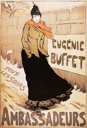 Vintage poster van de Franse zangeres Eugenie Buffet die in de sneeuw loopt