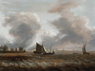 Scheepvaart in een woelige riviermonding (olieverf op paneel)