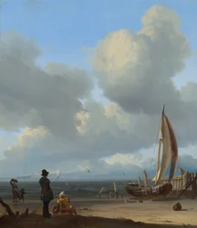 Dutch: Zeegezicht met figuren bij een vissersboot op het strand An extensive seascape with figures by a boat on a shore near Huisduinen