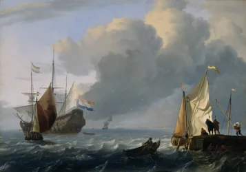 Nederlands fregat en andere schepen voor de kust, ca.1690 (olieverf op eiken paneel)