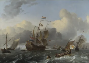Vlaggenschip Eendracht en een vloot van Nederlandse oorlogsschepen, ca. 1670
