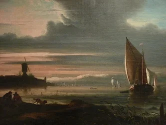 Duits: Zeekust met zeilboten en molen Het Blauwhoofd in Amsterdam
 detail